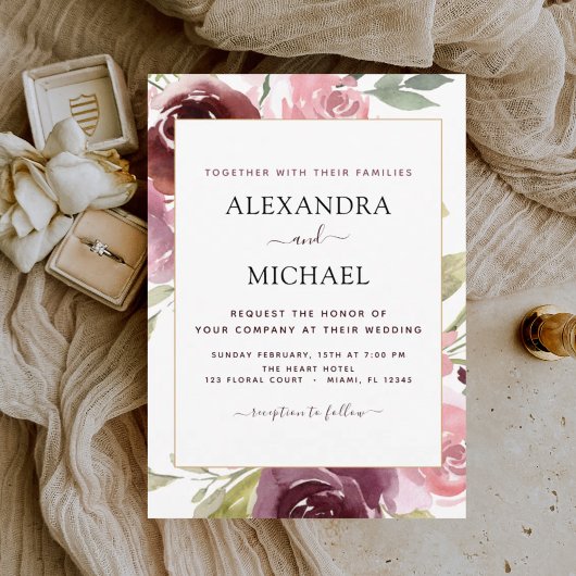 Romantic Burgundy Pink Floral Wedding Kaart
