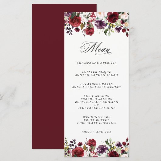 Romantic Burgundy Plum en Blush Floral Menu (Voorkant / Achterkant)