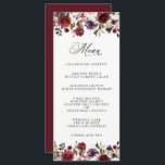 Romantic Burgundy Plum en Blush Floral Menu<br><div class="desc">Een romantische keuze in een bruiloft, dit menuontwerp is voorzien van rijke romantische kleuren van woedend rood, plum paars, wazige roze en ethergroenery in een mooie florale grens langs de boven- en onderrand van het ontwerp. De achterkant van het menu is bedekt met de bijbehorende kleur van de Bourgogne, waardoor...</div>