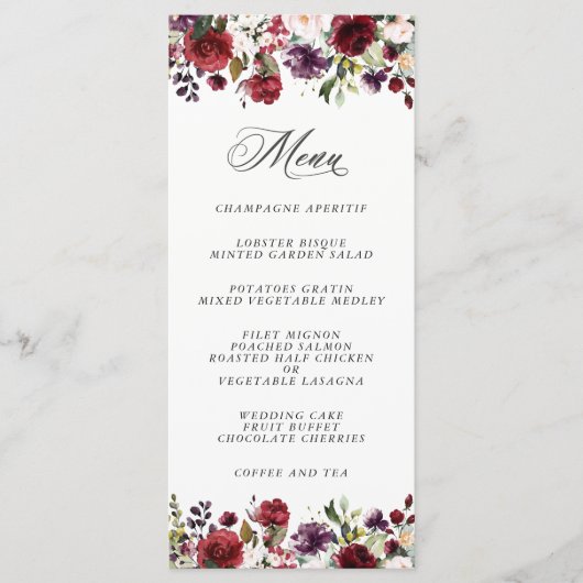 Romantic Burgundy Plum en Blush Floral Menu (Voorkant)