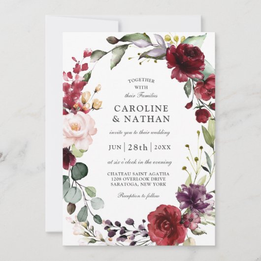 Romantic Burgundy Plum en Blush Floral Weddenschap Kaart (Voorkant)