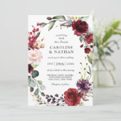 Romantic Burgundy Plum en Blush Floral Wedding Kaart (Staand voorkant)