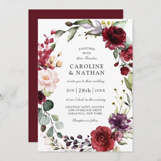 Romantic Burgundy Plum en Blush Floral Wedding Kaart (Voorkant / Achterkant)