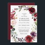 Romantic Burgundy Plum en Blush Floral Wedding Kaart<br><div class="desc">Dit ontwerp is een romantische keuze in huwelijksuitnodigingen, en bevat rijke romantische kleuren van Bourgogne rood, pruimen paars, wazige roze en ethergroenery in een mooie florale kreet rondom jouw tekst. De achterkant van de uitnodiging is bedekt met de corresponderende kleur van de Bourgogne, die een unieke charmante kleurencombinatie maakt. Deze...</div>