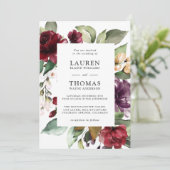 Romantic Burgundy Plum en Green Floral Wedding Kaart (Staand voorkant)