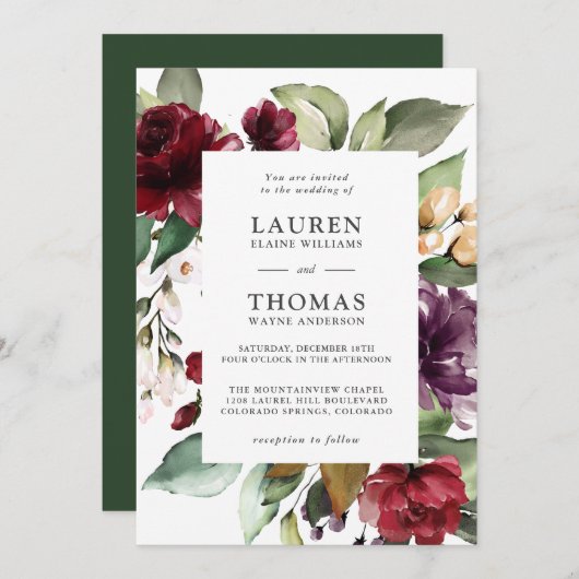 Romantic Burgundy Plum en Green Floral Wedding Kaart (Voorkant / Achterkant)