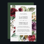 Romantic Burgundy Plum en Green Floral Wedding Kaart<br><div class="desc">Prachtige rijke kleuren van Bourgogne, plum paars en jager groen markeren deze unieke mooie waterverf florale trouwuitnodiging. Jouw tekst wordt in romantische splendor omhuld met rozen en gemengde bloesems met lusteloze groen. De achterkant van deze uitnodiging is bedekt met stevige jager groen. Dit kleurenschema is een mooie keuze voor bruiloften...</div>