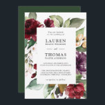 Romantic Burgundy Plum en Green Floral Wedding Kaart<br><div class="desc">Prachtige rijke kleuren van Bourgogne, plum paars en jager groen markeren deze unieke mooie waterverf florale trouwuitnodiging. Jouw tekst wordt in romantische splendor omhuld met rozen en gemengde bloesems met lusteloze groen. De achterkant van deze uitnodiging is bedekt met stevige jager groen. Dit kleurenschema is een mooie keuze voor bruiloften...</div>