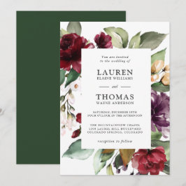 Romantic Burgundy Plum en Green Floral Wedding Kaart