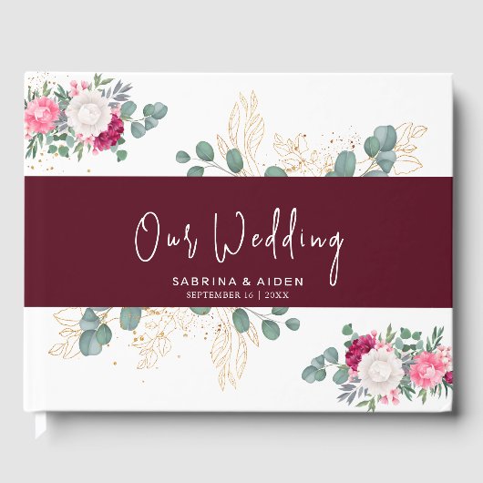 Romantic Burgundy Red | Bllush Pink Floral Wedding Gastenboek (Voorkant)