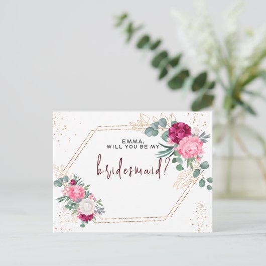 Romantic Burgundy Red Blush Pink Floral Bridesmaid Briefkaart (Staand voorkant)
