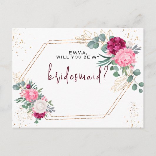Romantic Burgundy Red Blush Pink Floral Bridesmaid Briefkaart (Voorkant)