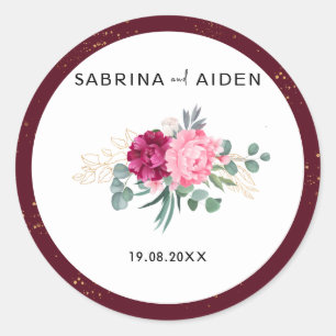 Romantic Burgundy Red   Blush Pink Floral Wedding Ronde Sticker