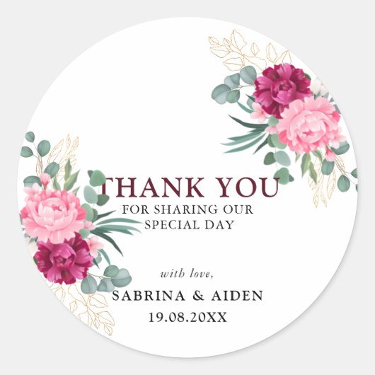 Romantic Burgundy Red | Blush Pink Floral Wedding Ronde Sticker (Voorkant)