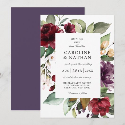 Romantic Burgundy Red en Plum Floral Wedding Kaart (Voorkant / Achterkant)