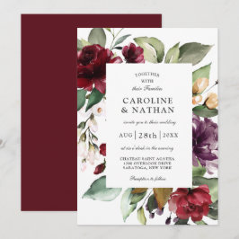 Romantic Burgundy Red en Plum Floral Wedding Kaart