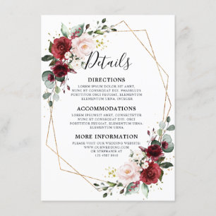 Romantic Burgundy Red Floral Geometric Wedding Informatiekaartje
