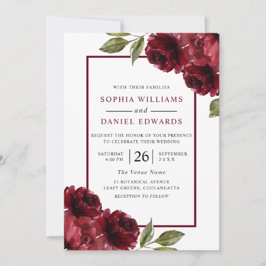 Romantic Burgundy Red Flowers Modern Wedding Kaart (Voorkant)