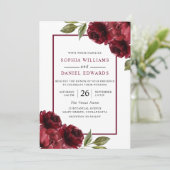 Romantic Burgundy Red Flowers Modern Wedding Kaart (Staand voorkant)