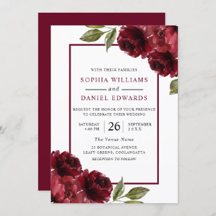 Romantic Burgundy Red Flowers Modern Wedding Kaart