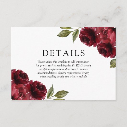 Romantic Burgundy Red Flowers Weddenschap Details Informatiekaartje (Voorkant)
