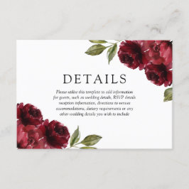 Romantic Burgundy Red Flowers Weddenschap Details Informatiekaartje