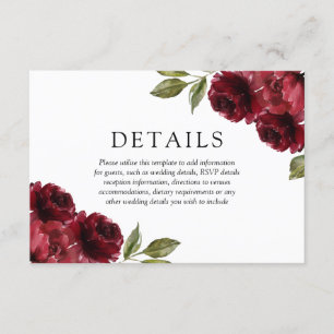 Romantic Burgundy Red Flowers Weddenschap Details Informatiekaartje