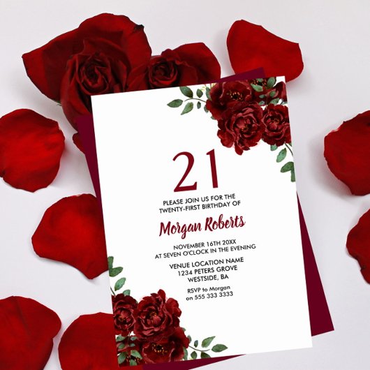 Romantic Burgundy Red Rose 21st Birthday Invite Kaart