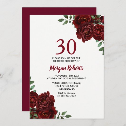 Romantic Burgundy Red Rose 30th Birthday Invite Kaart (Voorkant / Achterkant)