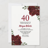 Romantic Burgundy Red Rose 40th Birthday Invite Kaart (Voorkant)