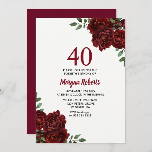 Romantic Burgundy Red Rose 40th Birthday Invite Kaart (Voorkant / Achterkant)