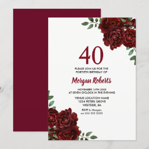 Romantic Burgundy Red Rose 40th Birthday Invite Kaart