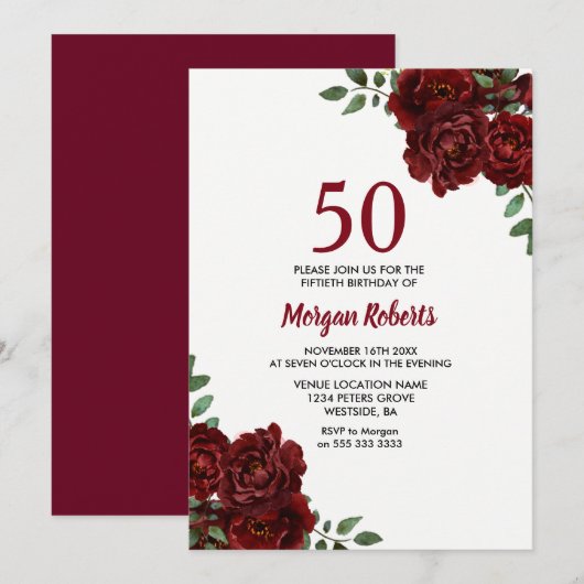 Romantic Burgundy Red Rose 50th Birthday Invite Kaart (Voorkant / Achterkant)