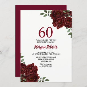 Romantic Burgundy Red Rose 60th Birthday Invite Kaart