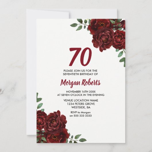 Romantic Burgundy Red Rose 70th Birthday Invite Kaart (Voorkant)