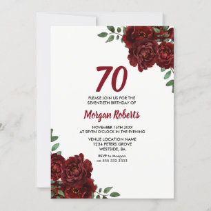 Romantic Burgundy Red Rose 70th Birthday Invite Kaart