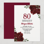 Romantic Burgundy Red Rose 80th Birthday Invite Kaart (Voorkant / Achterkant)