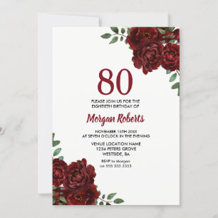 Romantic Burgundy Red Rose 80th Birthday Invite Kaart