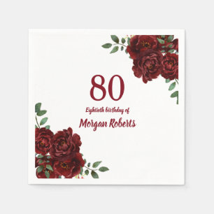 Romantic Burgundy Red Rose 80th Birthday Party Servet