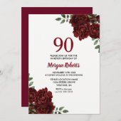 Romantic Burgundy Red Rose 90th Birthday Invite Kaart (Voorkant / Achterkant)