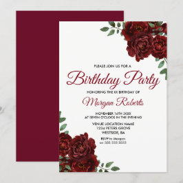 Romantic Burgundy Red Rose Birthday Party Invite Kaart