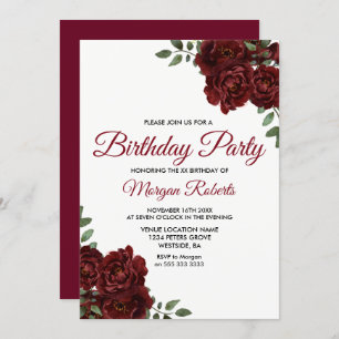 Romantic Burgundy Red Rose Birthday Party Invite Kaart