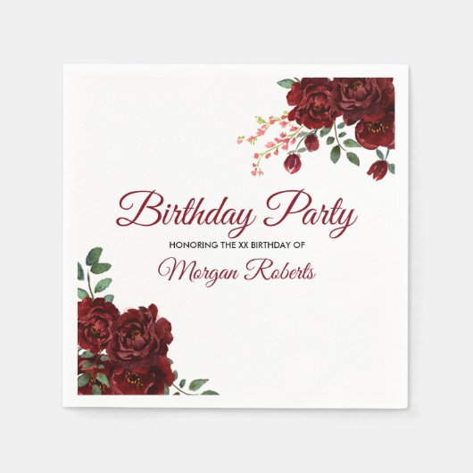 Romantic Burgundy Red Rose Birthday Party Servet (Voorkant)