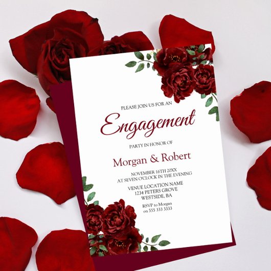 Romantic Burgundy Red Rose Engagement Party nodigt Kaart