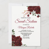 Romantic Burgundy Red Rose Floral Sweet 16 Invite Kaart (Voorkant)