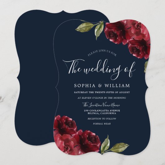 Romantic Burgundy Red Rose & Navy Blue Weddenschap Kaart (Voorkant / Achterkant)