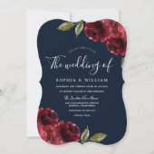 Romantic Burgundy Red Rose & Navy Blue Weddenschap Kaart (Voorkant)