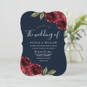 Romantic Burgundy Red Rose & Navy Blue Weddenschap Kaart (Staand voorkant)