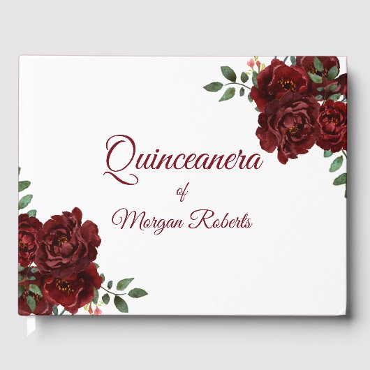 Romantic Burgundy Red Rose Quinceanera Guestbook Gastenboek (Voorkant)