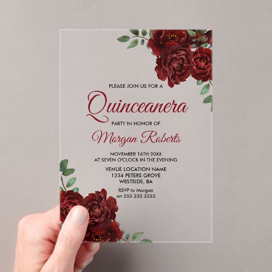 Romantic Burgundy Red Rose Quinceanera Invite Acryl Uitnodigingen (Insitu (Draagbaar))